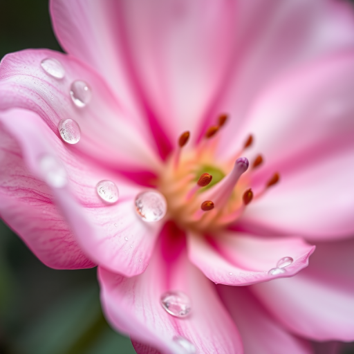 Capture a close-up of a pink and white flower with water droplets on its petals, shallow depth of field, natural light, 100mm macro lens, f/2.8 aperture, ISO 100, soft focus background.