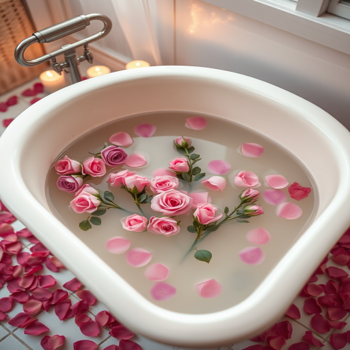 Create a serene, high-quality image of a vintage bathtub filled with water and floating pink and purple roses, surrounded by scattered rose petals and soft glowing candles, using a DSLR camera with a 50mm lens, f/1.8 aperture, ISO 200, and a warm, diffused lighting setup for a romantic atmosphere.