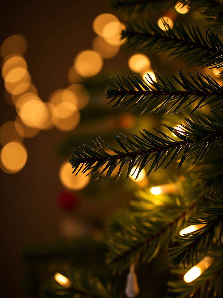 Create an image of a close-up view of a Christmas tree branch with soft glowing fairy lights in the background the overall atmosphere should feel warm and festive with a dark blurred background emphasizing the lights and greenery