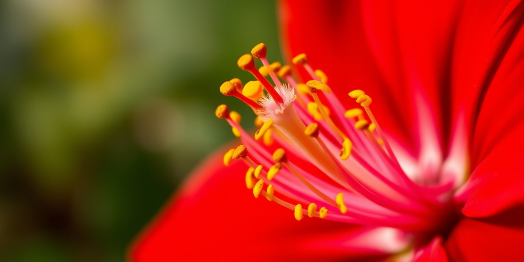 close-up of a vibrant red flower with bright yellow stamens, shallow depth of field, f/2.8 aperture, 50mm lens, natural lighting, macro photography style, DSLR camera settings