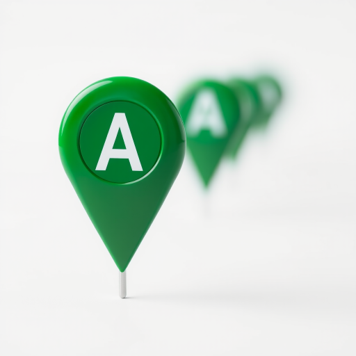 Create a high-resolution image of a green location pin with the letter "A" in the center, using a DSLR camera with a 50mm lens, aperture set to f/2.8, ISO 100, and a shallow depth of field to blur the background, capturing the pin against a clean white backdrop.