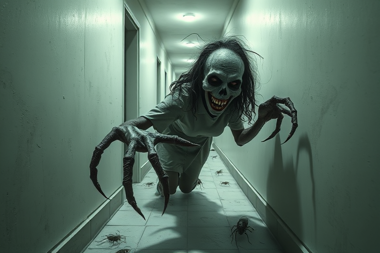 a crooked woman with long arms and a creepy smile is crawling along a long white corridor and you can also see cockroaches in it there is a creepy atmosphere creepy art style