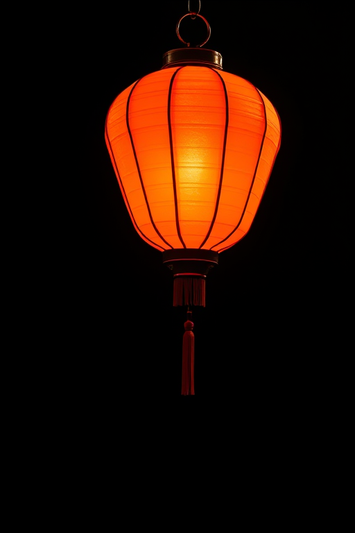 Create a high-resolution image of a traditional orange lantern hanging against a dark background with soft, glowing light surrounding it, using a DSLR camera with an aperture of f/2.8, ISO 100, and a focal length of 50mm, in a studio setting with softbox lighting for enhanced clarity and depth.