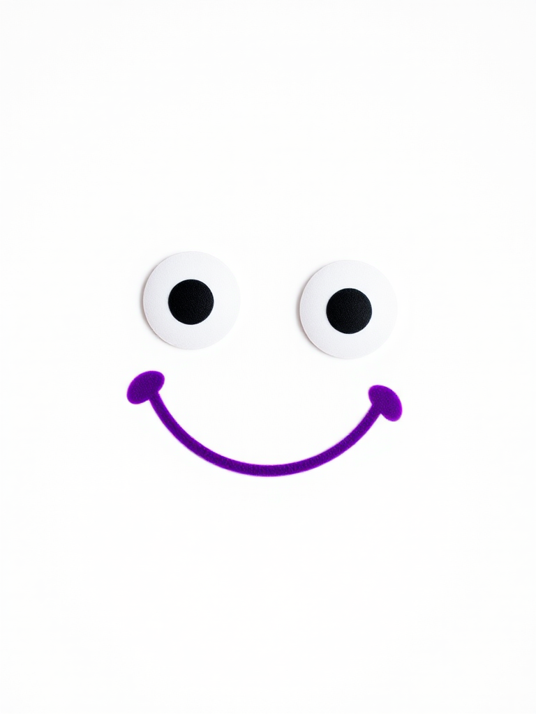 Create a vibrant purple smiley face with large expressive eyes, centered on a white background, captured with a DSLR camera at f/2.8 aperture, ISO 100, and 50mm lens, using a shallow depth of field for a soft background blur.