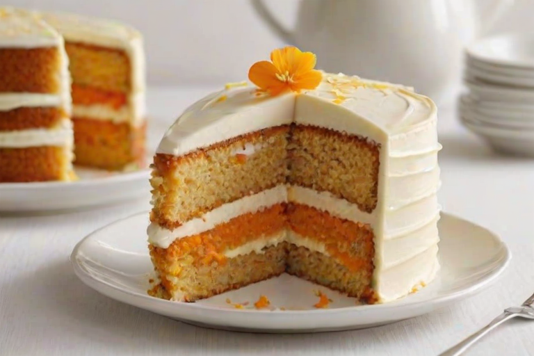 Create an image of a layered cake with orange-flavored frosting. The cake should have multiple layers, and the top should be garnished with orange slices and small edible flowers. The cake is displayed on a white plate with a slice cut out, revealing the layers inside. The background should be simple and light to emphasize the cake.