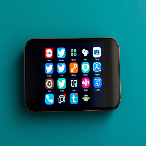 Create an image of a smartphone displaying various social media icons in a grid layout on a dark teal background with a soft focus effect, using a high-resolution digital camera at ISO 100, f/2.8 aperture, 50mm lens, and a slight overhead angle.
