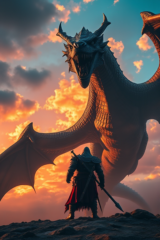 Create an epic fantasy scene of a warrior facing a massive dragon against a dramatic sky, using a Canon EOS R5 with 24-70mm lens at f/2.8, ISO 100, 1/200s, shot in a wide-angle view with vibrant colors and high contrast for enhanced image quality.