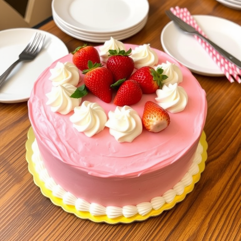 A round pink frosted cake decorated with whipped cream rosettes and fresh strawberries on top, placed on a wooden table with plates and straws nearby.