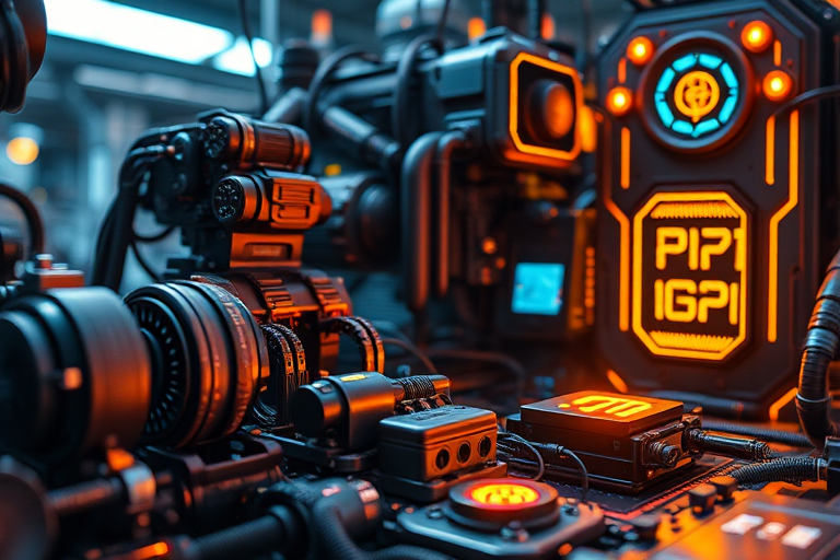 Create an ultra-detailed futuristic technology scene featuring intricate mechanical components and glowing digital elements with a focus on depth, using a DSLR camera with a 50mm lens at f/1.8, ISO 100, and a macro setting, in a well-lit studio environment with a softbox for even lighting.
