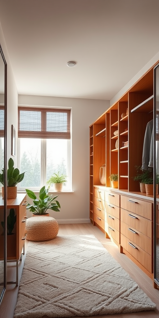 regenerate a cozy modern walk-in closet interior with wooden furniture, large window with natural light, soft neutral tones, plush rug, plants for a fresh touch, shot with a DSLR camera at f/2.8, ISO 100, 24mm lens, natural light ambiance, and a slightly elevated perspective for depth.