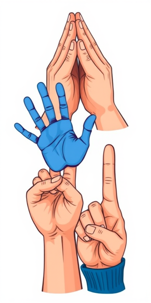 Generate an illustration of four hands representing different gestures, including a pair of clasped hands, a blue handprint, a red handprint, and a raised finger, captured in high resolution with a DSLR camera, using a 50mm lens, f/2.8 aperture, ISO 100, and a shallow depth of field for a clean background.