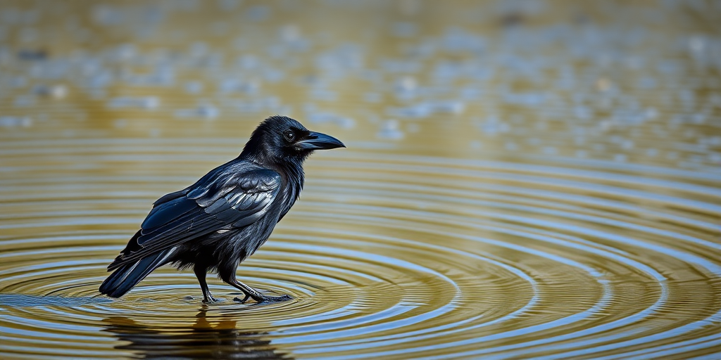 photograph a raven standing in shallow water with ripples around it, focus on sharp details and vibrant colors, use a Canon EOS 5D Mark IV, 85mm lens, aperture f/2.8, ISO 100, shutter speed 1/200s, natural lighting, side view with a blurred background to enhance depth.