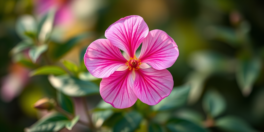 A vibrant pink flower with detailed petals, green leaves, soft focus background, shot with a Canon EOS R5 at f/2.8, 50mm lens, natural light, high resolution.
