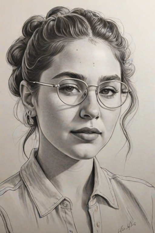 Fascinating Post Malone, pencil sketch, portrait of Comely woman 1932s in glasses, hair style beatnik, outline, clear lines, fine lines, 8k