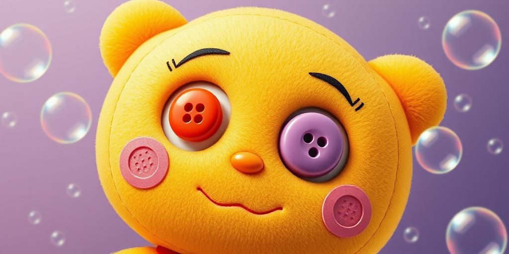 Illustration of a cartoonish yellow stuffed doll with oversized colorful buttons for eyes, stitched seams, surrounded by floating bubbles, shot with a DSLR camera, aperture f/2.8, ISO 100, 50mm lens, natural light, high resolution, vibrant colors.