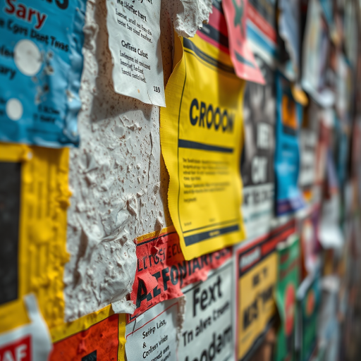 Close-up shot of a textured wall covered in colorful, peeling posters, natural light, aperture f/8, ISO 200, 50mm lens, macro photography, high dynamic range.