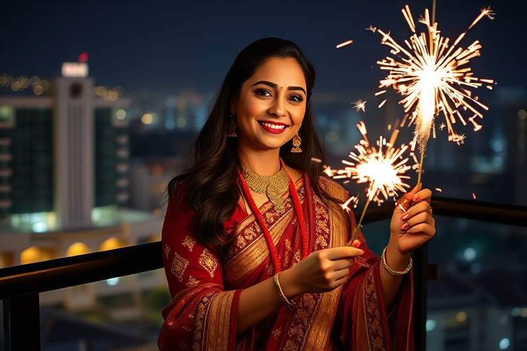 Generate an image of an elegant woman celebrating with sparklers, wearing a traditional outfit, at night on a balcony, showcasing a cityscape with twinkling lights in the background, shot with a Canon EOS R5, 50mm lens, aperture f/1.8, ISO 100, and maintain a soft bokeh effect.