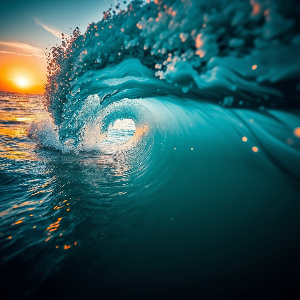A dramatic ocean wave crashing against the shore during sunset, capturing the shimmering light reflecting off the water, shot with a DSLR camera at f/8, ISO 100, 1/125s, wide-angle view, and HDR style to enhance dynamic range.