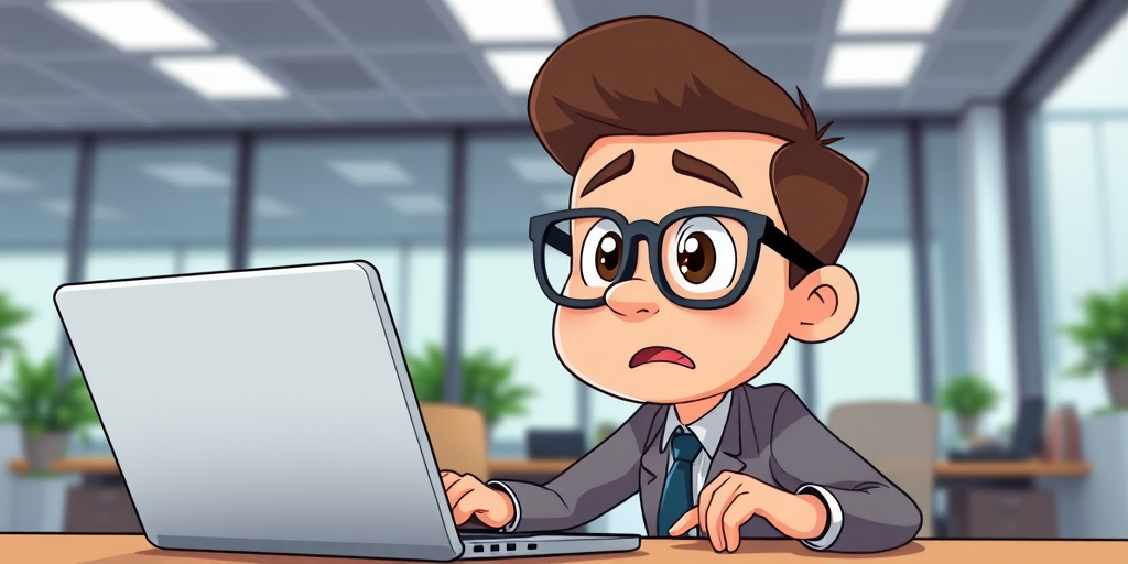 create an image of a cartoon character in a suit with glasses, looking surprised at a laptop, office setting, use a digital illustration style, 4K resolution, wide-angle view, f-stop 4.0, ISO 100, shutter speed 1/60 sec