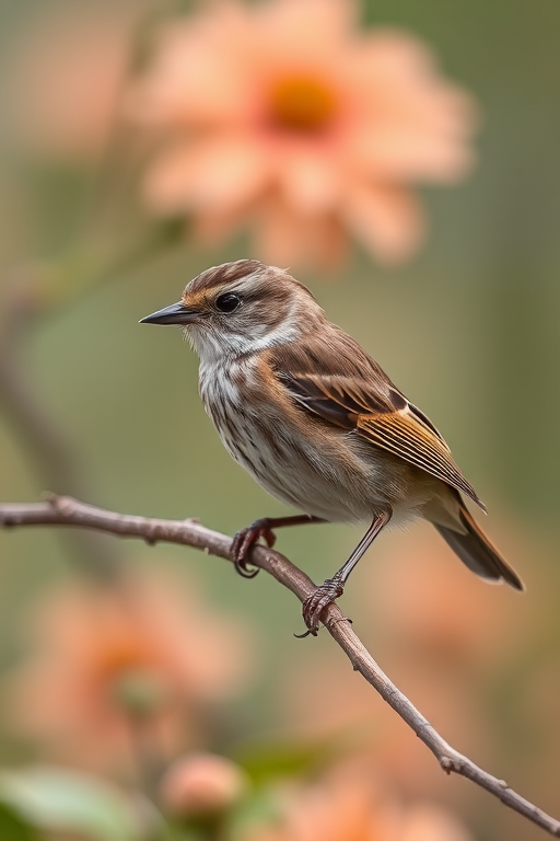 Capture a close-up of a small brown striped bird perched on a twig with a blurred floral background, f/4 aperture, 1/250 sec shutter speed, ISO 200, 85mm lens, natural soft lighting, and shallow depth of field.