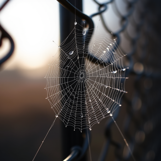 close-up of a spider web glistening with dew on a black chain-link fence during early morning light, aperture f/2.8, shutter speed 1/250s, ISO 200, macro lens, natural light, DSLR camera