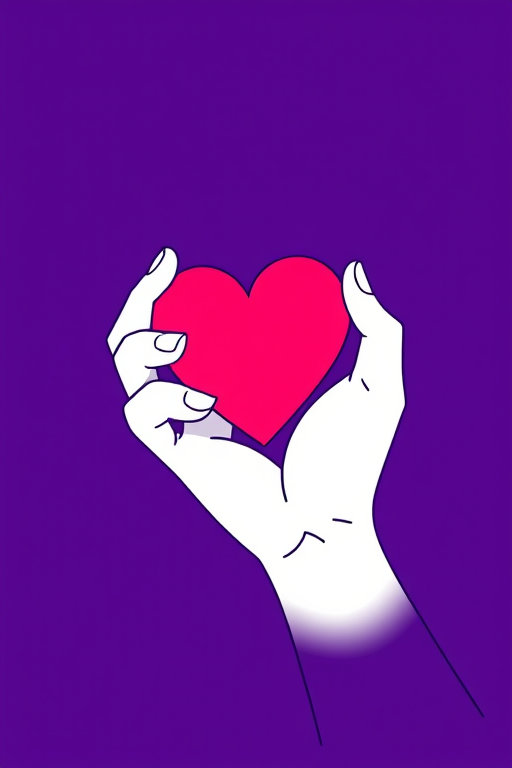 create a minimalist line art illustration of a hand holding a heart with a deep purple background, using a Canon EOS R5 at f/2.8, ISO 100, 50mm lens, in soft focus style with natural lighting and high contrast to enhance image quality