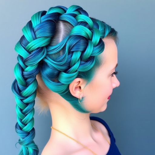 Vibrant teal and turquoise mermaid braid known as "Ocean's Embrace," incorporates intricate fishtail and Dutch braiding techniques, weaving together various shades of blue and green to create a mesmerizing, scale-like effect