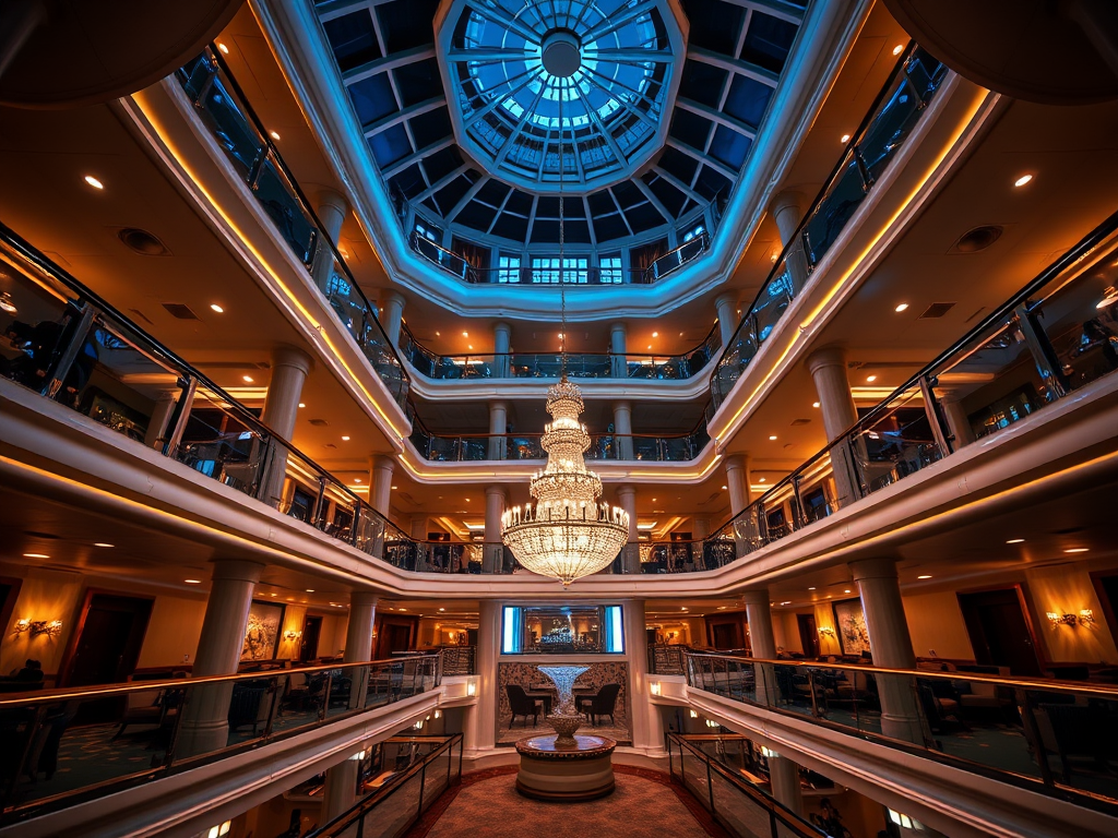 Capture a luxurious atrium of a cruise ship at night with elegant lighting and a stunning chandelier, using a wide-angle lens at f/2.8, ISO 400, shutter speed 1/60s, in HDR style with a DSLR camera.