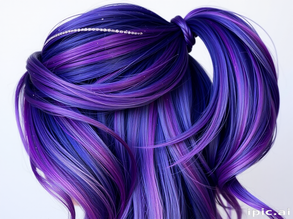 Cosmic galaxy hair featuring a swirling blend of deep purples, blues, and pinks with glittering silver accents, styled in a sleek high ponytail