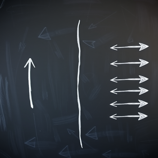 Create an image of a chalkboard with a large, hand-drawn left-facing arrow on the left side and multiple smaller right-facing arrows on the right side, captured with a DSLR camera at f/2.8 aperture, 1/125 shutter speed, ISO 100, wide-angle lens, and a slight vignette effect.