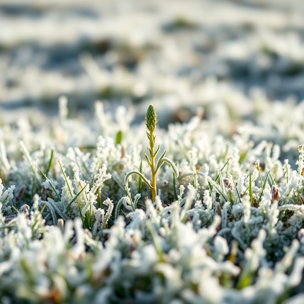 frost-covered grassland with a single green plant in focus, shallow depth of field, soft natural lighting, DSLR camera, 50mm lens, f/2.8 aperture, ISO 100, shutter speed 1/200 sec, shot from eye level, enhancing clarity and color vibrancy