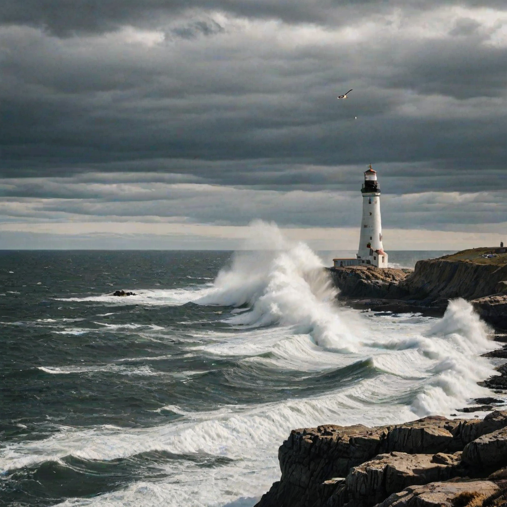 Sharp, high-contrast photo of a lighthouse standing tall on a rocky coastline, waves crashing against the rocks below, soft sunlight filtering through the clouds, distant seagulls flying overhead, the sound of the ocean filling the air.
