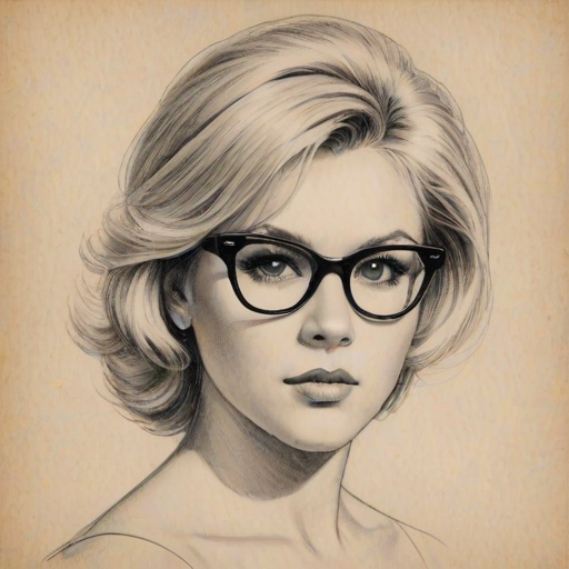 Sublime Samantha Fox, pencil sketch, portrait of Lovely woman 1955s in glasses, hair style beatnik, outline, clear lines, fine lines, 8k