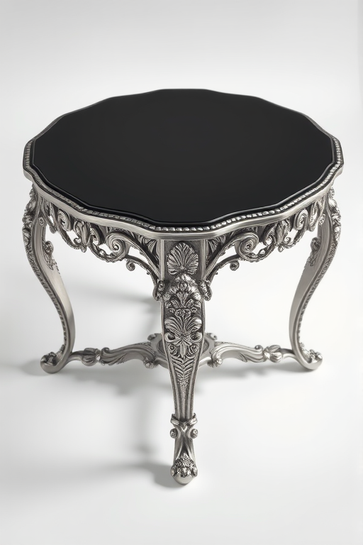 Create a highly detailed illustration of an ornate table with intricate silver leg designs and a glossy black surface, captured with a high-resolution DSLR camera, 50mm lens, f/2.8 aperture, ISO 200, top-down view, studio lighting, and a shallow depth of field for a creamy background blur.
