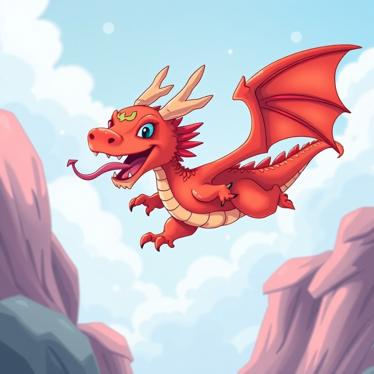 Create a vibrant illustration of a whimsical red dragon flying with its tongue out, using a high-resolution digital camera with a 50mm lens, f/1.8 aperture, ISO 200, and a bright daylight setting to enhance colors and details.
