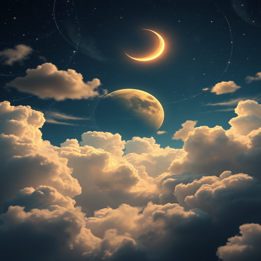Generate an image of a dreamy night sky filled with fluffy clouds a glowing crescent moon and a large planet surrounded by twinkling stars and soft wispy clouds in a palette of dark blues and soft golds. The scene should evoke a sense of calm and wonder.