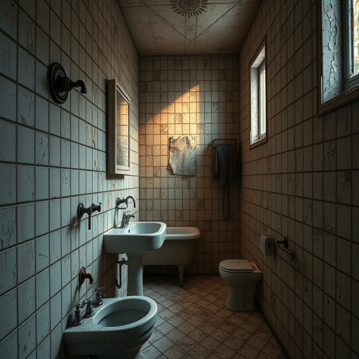 Create a highly detailed and realistic 3D render of an abandoned bathroom with peeling tiles, rusted fixtures, and dim lighting, shot with a Canon EOS R5 at 24mm, f/8, ISO 200, using HDR photography techniques to enhance textures and shadows.