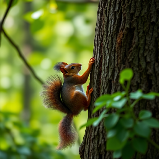 Squirrel climbing a tree in a lush green forest, captured with a Canon EOS 5D Mark IV, 50mm lens, aperture f/2.8, shutter speed 1/200 sec, ISO 400, natural daylight, shallow depth of field for enhanced background blur.