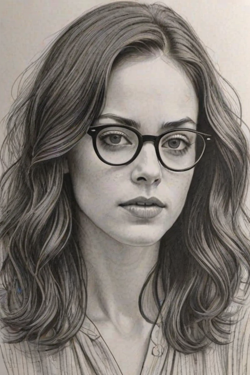 Stunning Kaya Scodelario, pencil sketch, portrait of Wonderful woman 1926s in glasses, hair style beatnik, outline, clear lines, fine lines, 8k