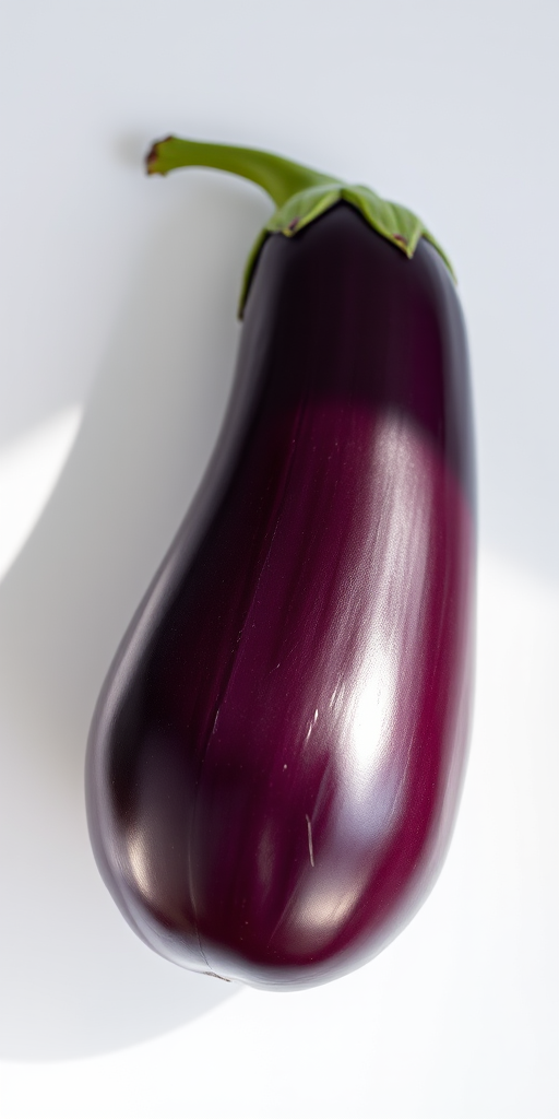 Create a high-resolution image of a realistic eggplant on a plain white background, using a DSLR camera with a 50mm lens, aperture set to f/2.8, ISO 100, and a soft natural light source from the side to enhance texture and detail.