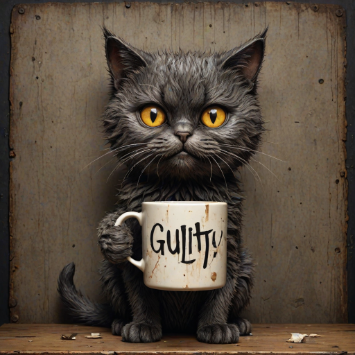 A comical cartoon-like scruffy cat, battered, dirty, with a mug shot and 'guilty' written on the board, in a whimsical and surreal art style with dark fantasy themes, dramatic lighting effects, minimalist and abstract touches, hyper-realistic details, textured backgrounds, vintage aesthetics, playful and exaggerated characters, gothic aesthetics, intricate designs, detailed patterns, and artistic composition