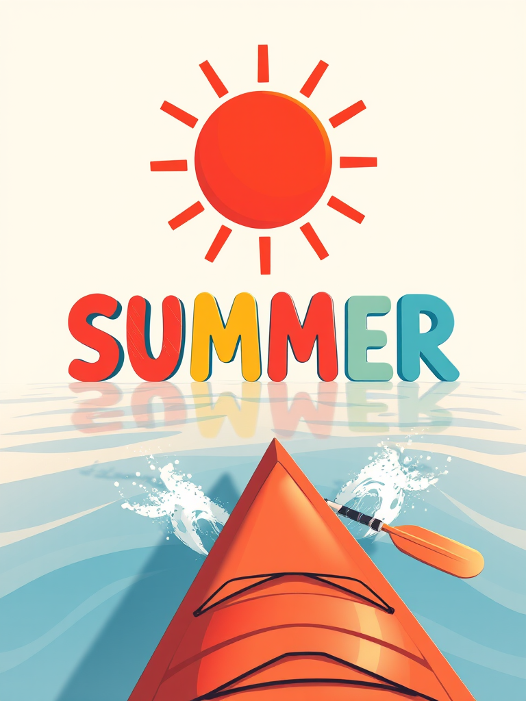 Create a vibrant summer-themed illustration featuring a large red sun, the word "SUMMER" in bold, playful letters, and a kayak with paddles splashing water beneath it, using a Canon EOS R5 with a 50mm f/1.2 lens, aperture set to f/2.8, ISO 100, and soft diffused lighting for a bright, fun atmosphere.