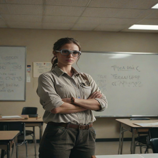 (cinematic, full body shot, teacher standing  in classroom, classroom white board in the background,  realistic skin, natural features, Phantom High Speed Camera, style raw) ,looking to the viewers, mudapocalyptic, goggles, fire.