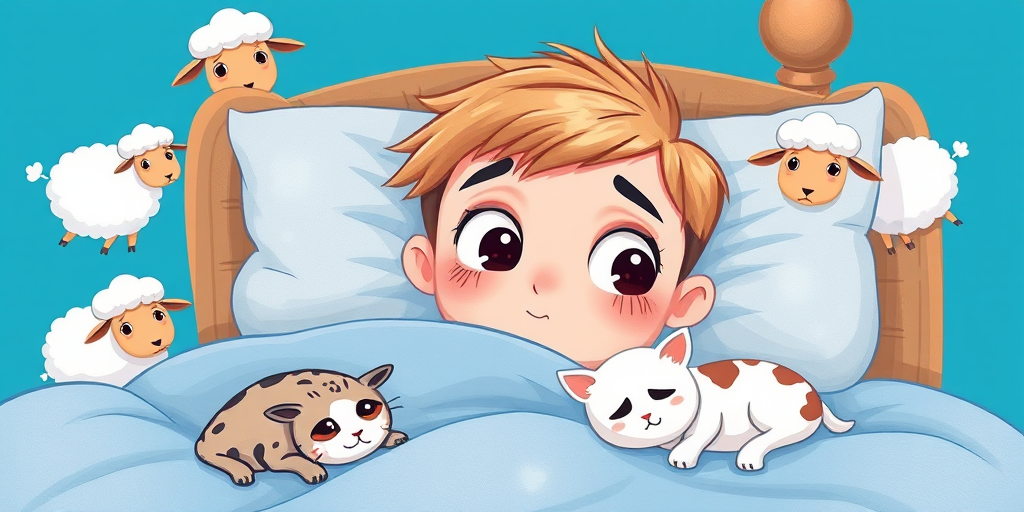 Generate a whimsical illustration of a person in bed with large expressive eyes, surrounded by floating sheep, featuring a sleeping cat nearby, using a vibrant blue background; settings: ISO 100, f/4 aperture, 50mm lens, shot in a digital art style with high resolution for sharp detail.