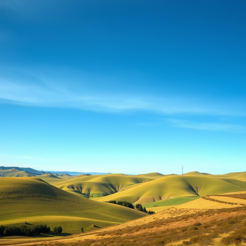 Create a high-resolution image of a serene landscape with rolling hills and a clear blue sky, taken with a Canon EOS R5, 24mm f/1.4 lens, at ISO 100, f/8, 1/250s, in landscape orientation, using natural lighting for vibrant colors and detail.