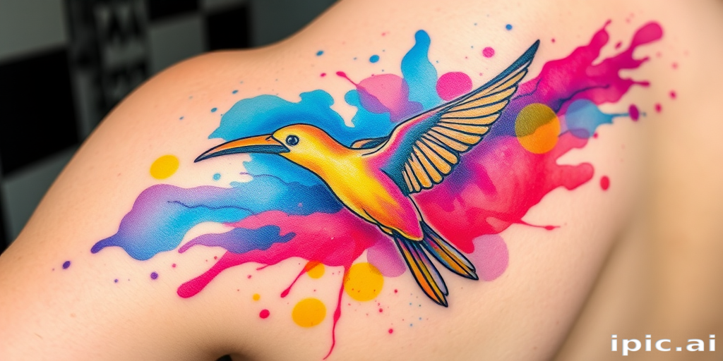 Vibrant watercolor splash tattoo named "Chromatic Cascade" featuring a swirling blend of cerulean blue, magenta, and sunflower yellow hues, creating an abstract representation of a tropical bird in flight, with delicate linework outlining the bird's form amidst the colorful chaos, suitable for placement on the upper arm or back