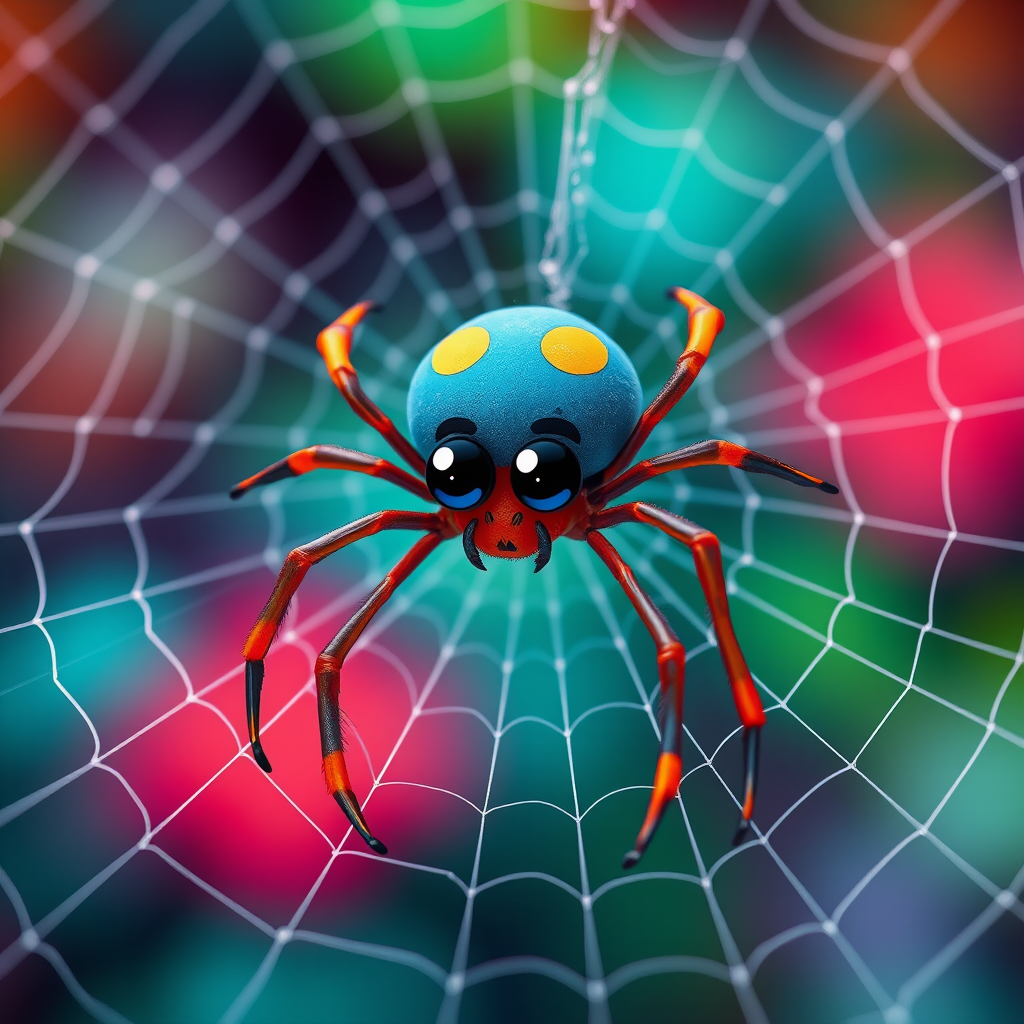 Create a vibrant illustration of a cartoon spider and a large, detailed spider web, with a focus on the textures of the web, using a Canon EOS R5, f/8 aperture, 50mm lens, ISO 100, in high dynamic range for enhanced colors and sharpness.