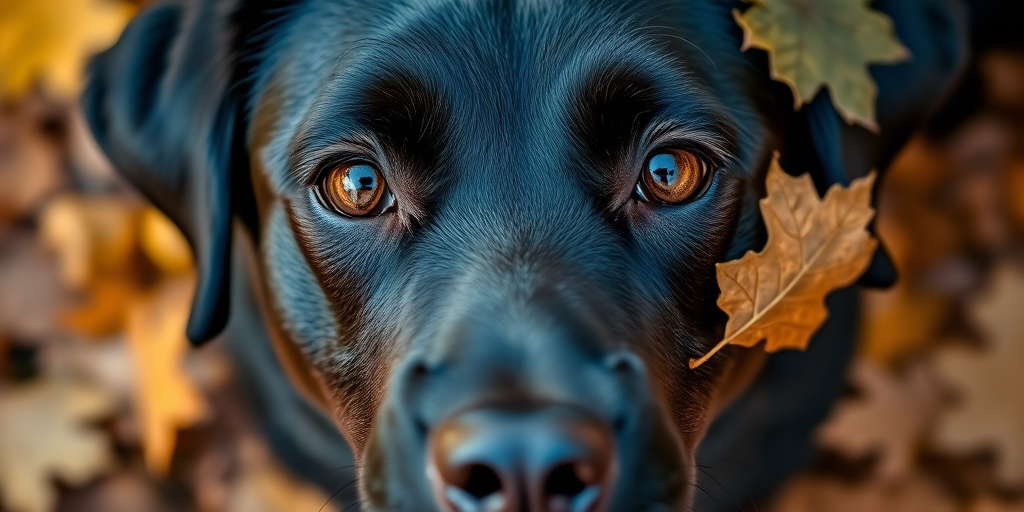 A close-up shot of a black dog with expressive brown eyes surrounded by autumn leaves, captured with a Canon EOS 90D, aperture f/2.8, shutter speed 1/500s, ISO 200, natural lighting, shallow depth of field.