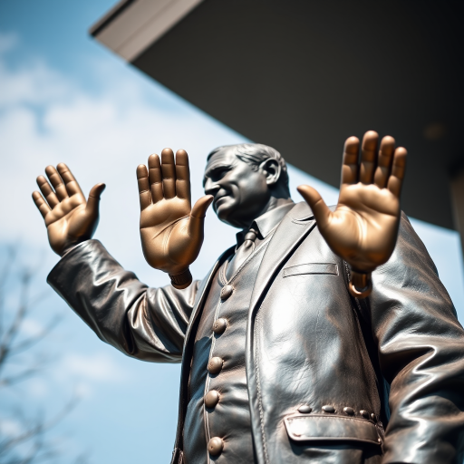 Generate a high-resolution image of a life-sized bronze statue of a man waving, captured with a DSLR camera at f/8 aperture, ISO 100, 1/200 sec shutter speed, in natural daylight from a slight low angle view to accentuate the statue's details.