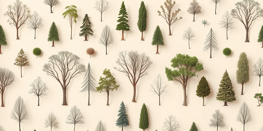 Create a pattern of various styled trees on a soft beige background, use a Canon EOS R5, 50mm lens, aperture f/2.8, ISO 100, natural light, artistic view, minimalistic style.